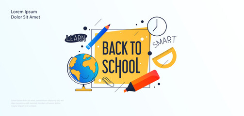 Obraz premium Back to school greeting design template with graduation cap elements and lineart and solid style stationery. educational background. time to go back to school