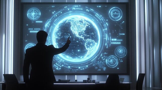 50.A high-tech scene showing a professional in a boardroom pointing towards a large interactive screen displaying a rotating Earth surrounded by a digital array of standardization icons. The screen