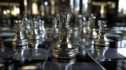 53.A wide-angle view of a chessboard with a golden king prominently placed at the center, facing a formation of silver chess pieces. The board is situated on a reflective black surface, and the