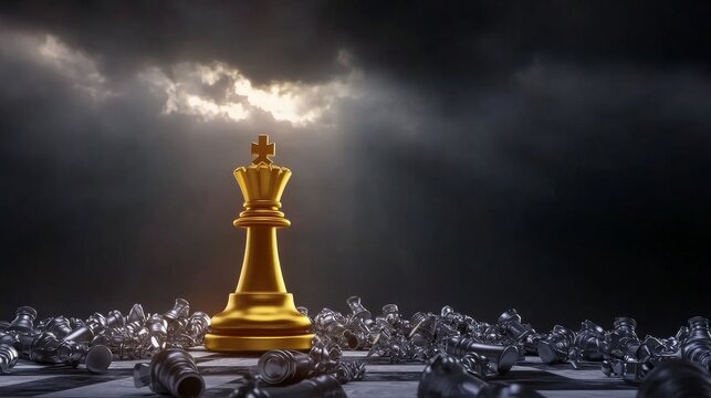 54.A high-contrast image of a golden king chess piece towering over a sea of scattered silver chess pieces lying in disarray across the chessboard. The lighting emphasizes the golden shine of the