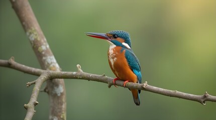 Fototapeta premium Vibrant Male Common Kingfisher Perched on Branch Stunning Wildlife Photography Nature Image Birdwatching Exotic Bird Azure Blue Orange Colors