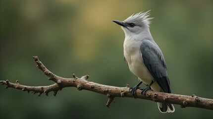 Fototapeta premium Stunning White-crested Shrike Perched on Branch, Detailed Wildlife Photography, Bird Portrait, Nature Image, Gray and White Plumage, Avian Beauty