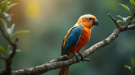 Obraz premium Vibrant Sun Parakeet Perched on Branch Stunning Wildlife Photography Nature Bird Orange Blue Green Tropical Parrot Exotic Avian Beauty