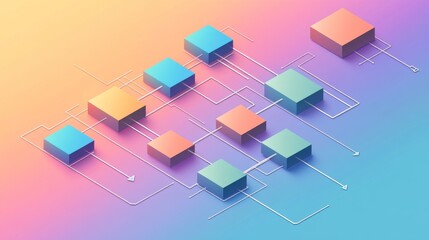 69.A professional flowchart illustration featuring a series of blocks and arrows arranged in a step-by-step pattern. The design uses a soft color palette and clean lines, set on a gradient
