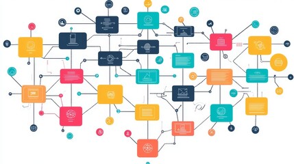 70.A vibrant organizational diagram showcasing interconnected steps in a linear format. The vector illustration uses icons, arrows, and labels in a cohesive design with contrasting colors to
