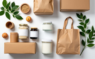 A collection of eco-friendly packaging materials, including paper bags, glass jars, and a plant, on a white background.