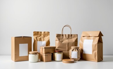 A collection of eco-friendly packaging materials, including paper bags, glass jars, and a plant, on a white background.