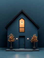 Modern blue house with warm lights and autumn trees