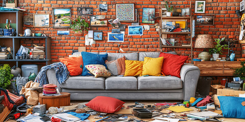A cluttered living room with a gray sofa, colorful pillows, and a brick wall.
