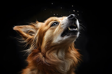A fierce, aggressive dog mid-bark, baring its sharp teeth with intense, glowing eyes with an isolated background
