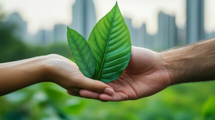 92.A close-up of a human hand carefully holding a detailed green leaf with a handshake icon painted in white. The backdrop features a blurred city skyline transitioning into greenery, symbolizing