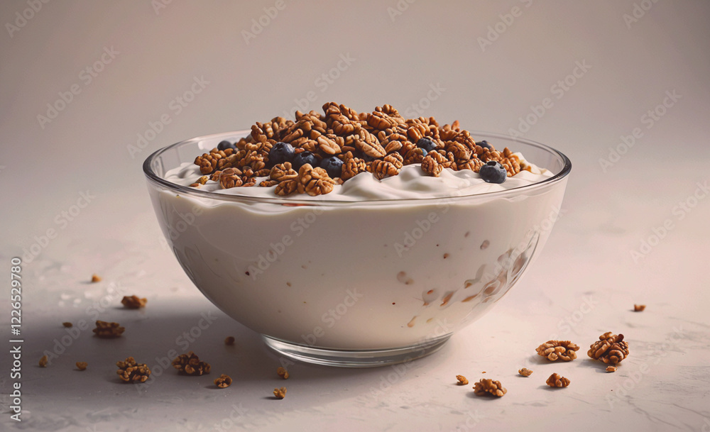 Poster a bowl of cereal with blueberries and nuts. the bowl is half full and the cereal is scattered on the