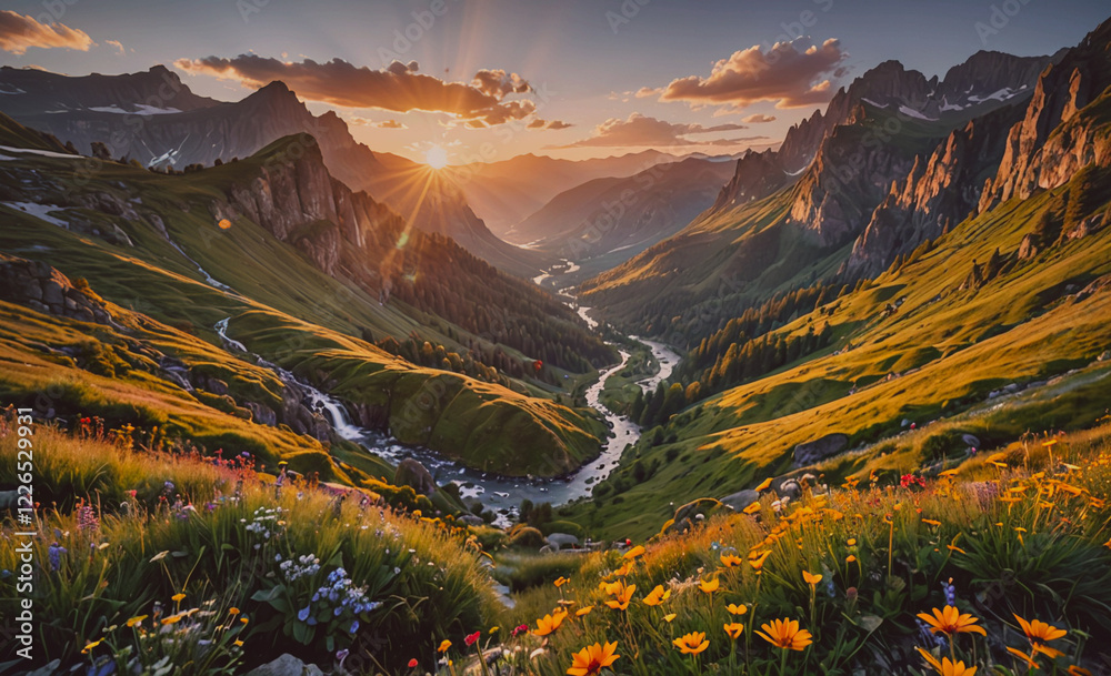 Aufkleber a beautiful mountain valley with a river running through it. the sun is setting, casting a warm glow