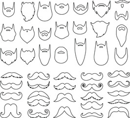 Beards, moustache icon in line set. Vector for apps or website for men face isolated on transparent background Symbol of man Hipster or retro gentleman with long curly beard moustache