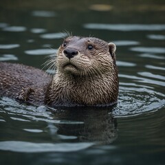 A playful otter floating on its back in a calm river.