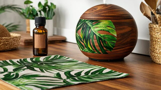 Decorative home setting with essential oil diffuser, natural elements and tropical print accents in a cozy atmosphere
