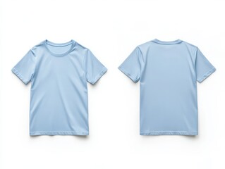 Front and back view mockup of light blue t-shirt studio setup graphic design minimalist environment product showcase