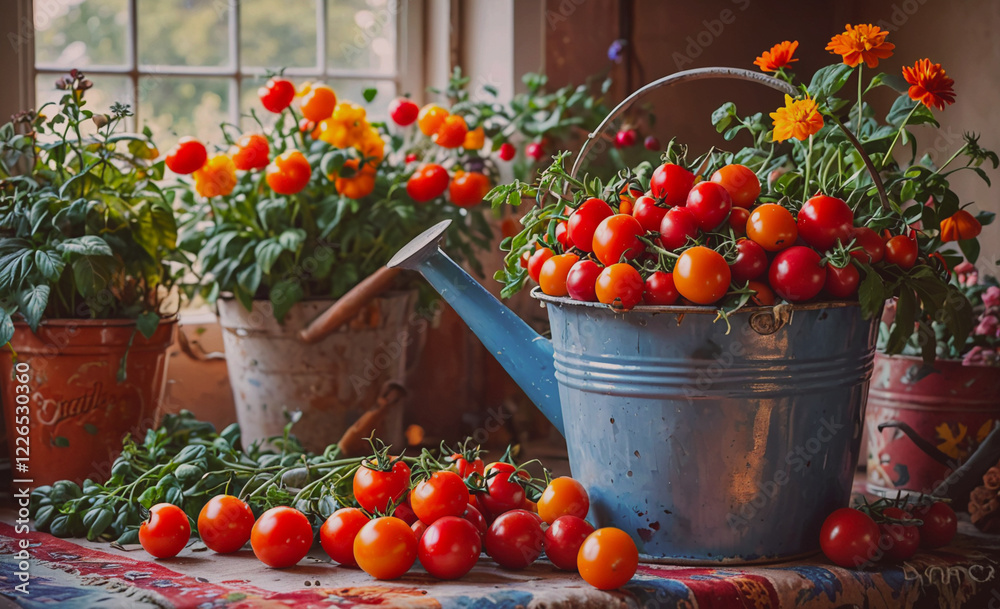 Poster A blue watering can is filled with tomatoes and placed on a table. The table is covered with potted plants and a rug. Concept of warmth and comfort, with the abundance of fresh produce