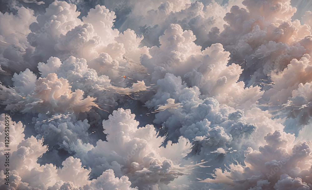 Poster the sky is filled with fluffy white clouds, creating a serene and peaceful atmosphere. the clouds ar