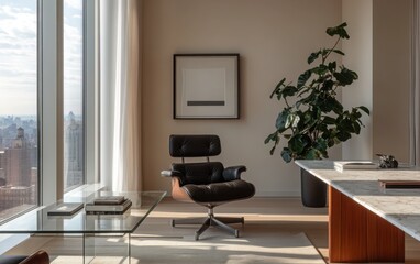 Fototapeta premium Sleek executive penthouse office with a marble desk, modern leather chair, and a glass coffee table. 