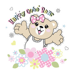 Fototapeta premium Cute bear vector surrounded by beautiful floral decoration and small insects, creating a peaceful nature scene