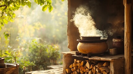 Rustic Outdoor Cooking Steaming Pot Over Wood Fire