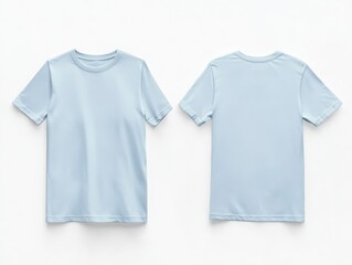 Front and back view mockup of light blue t-shirt studio setting apparel showcase minimalist style