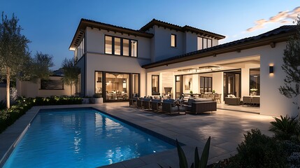 Fototapeta premium Modern Mediterranean Home Evening Poolside Relaxation