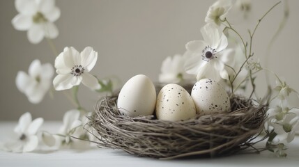 Obraz premium A bird's nest with white Easter eggs