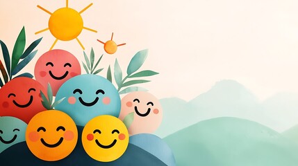 Colorful Smiley Faces with Nature Elements