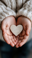 Fototapeta premium World Orphan Week Child's hands holding wooden heart symbolizing care and love