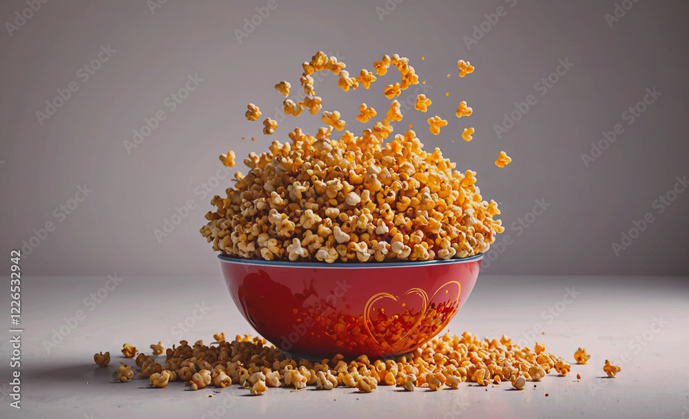 Poster A bowl of popcorn is overflowing with kernels, creating a sense of abundance and indulgence. The red bowl and the scattered popcorn create a cozy and inviting atmosphere, perfect for a movie night or
