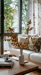 Cozy living room with beige sofa and floral decor by sunlit window