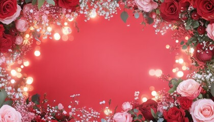 Romantic Floral Frame with Red and Pink Roses and Sparkling Lights