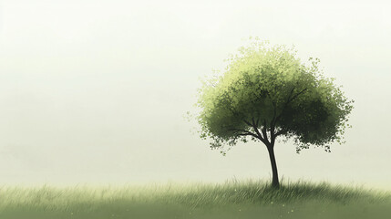 Obraz premium Serene landscape featuring a solitary tree in a grassy field under a soft misty sky