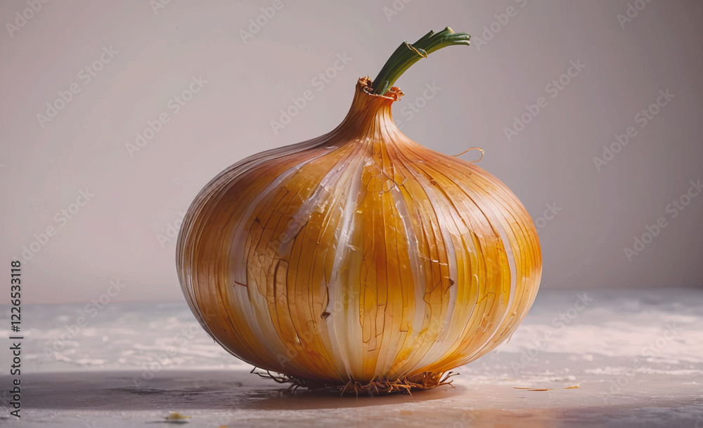 Poster a large onion with a green stem is sitting on a table. the onion is peeled and has a yellowish-brown