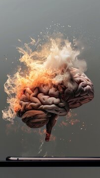 Exploding brain with fiery smoke on digital interface