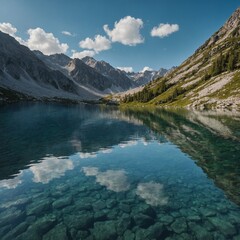 A crystal-clear alpine lake reflecting the sky.
