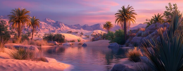 Mesmerizing Desert Oasis with Glowing Sunset and Majestic Mountain Backdrop
