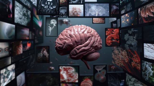 Digital brain surrounded by scientific and anatomical imagery in a virtual environment