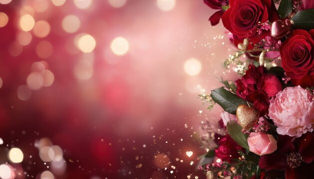 Romantic Red and Pink Rose Bouquet with Sparkling Glitter Festive Background