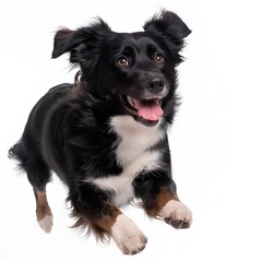 Fototapeta premium Happy black-white dog leaping, studio shot, white background, pet adoption