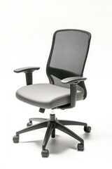 Fototapeta premium Ergonomic office chair with mesh back and adjustable armrests on wheels
