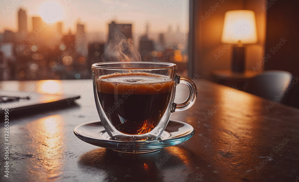 Poster a cup of coffee sits on a saucer on a table. the coffee is steaming and the sun is setting in the ba