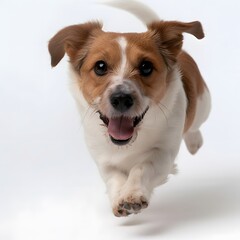 Happy dog running studio white background pet adoption
