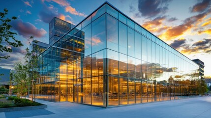 Fototapeta premium Contemporary glass building at dusk with colorful sky reflection architectural design