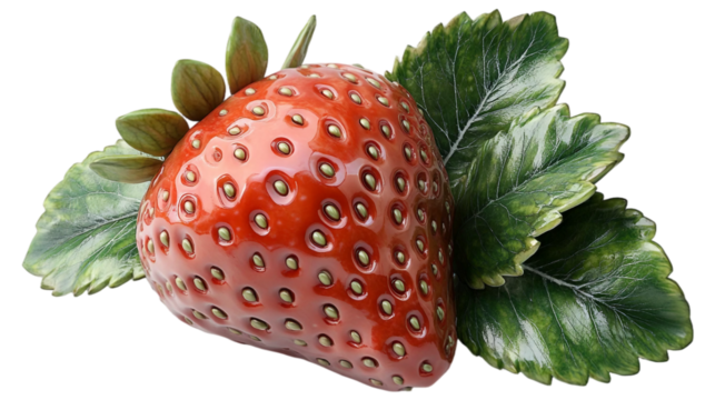 Close-up of a single fresh strawberry with green leaves isolated on white background. Suitable for marketing or business purposes. Panoramic banner with place for text