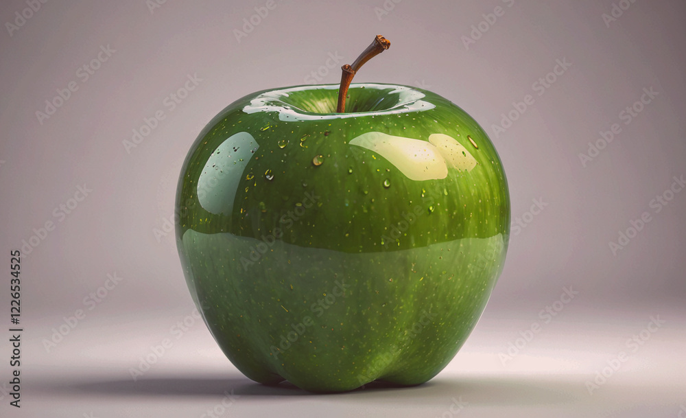 Poster a shiny green apple with a stem. the apple is sitting on a table. the apple is shiny and looks fresh