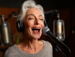 Senior woman singing joyfully in a recording studio
