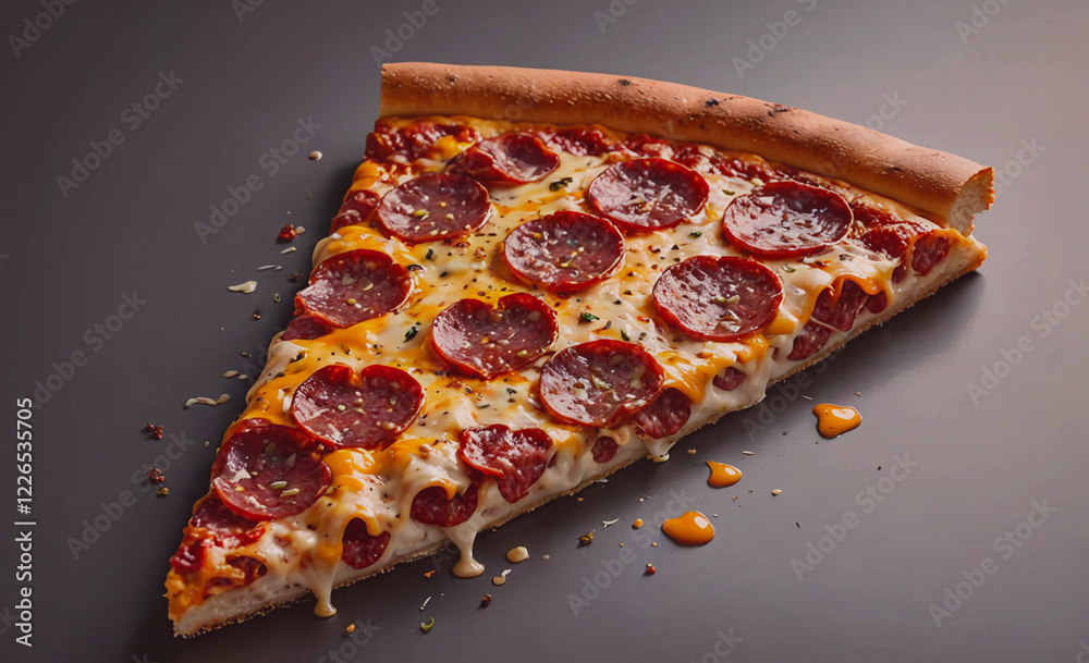 Poster a slice of pepperoni pizza with cheese on it. the pizza is cut in half and is sitting on a table